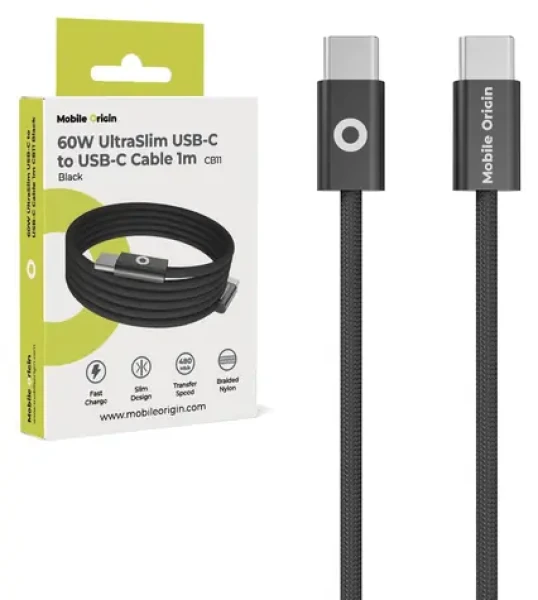 Mobile Origin CB11 UltraSlim čierna / Dátový kábel / USB-C na USB-C / 60 W / 1 m (MO-USC-CB11-BLK)