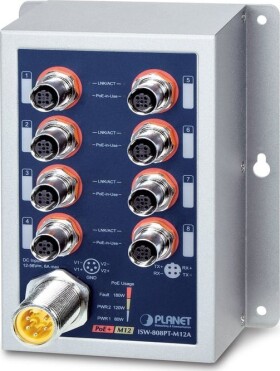 Planet PLANET IP50 Ind 8-P 10/100TX M12 Nie zarządzany Obsługa PoE Modrý, Sivý