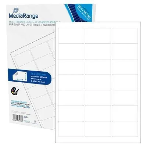 MediaRange Etikety 63,5x38,1mm biele / Etikety / A4 / permanentné lepenie / 21 ks na liste / 1050 ks (MRINK148)