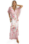 603-4 Vzdušné maxi šaty s obálkovým výstrihom a kvetinovým vzorom - PINK Roses UNI