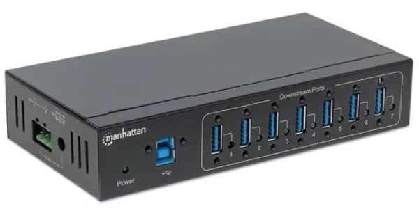 Manhattan USB 3.0 Hub 7 portov priemyselný čierna / USB hub / kovové telo / DIN lišta / kábel 1 m (164405)