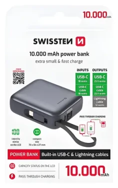 Swissten SPACE 10000mAh strieborná / Powerbanka s integrovanými káblami / USB-C + Lightning