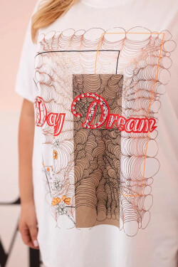 Dámska bavlnená blúzka v nadmernej veľkosti s potlačou "Day Dream" White + Camel UNI