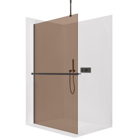 CERANO - Sprchová zástena Walk-in Onyx Top Round Ľ/P - 8 mm - okrúhla vzpera + polička/držiak na uteráky - čierna matná, bronzové sklo - 90x200 CER-690121