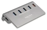 DeLock 5portový USB hub šedá / USB hub / 4X USB-A 10 Gbps + 1x rýchlonabíjací Port / kovové telo / AC adaptér (64182)