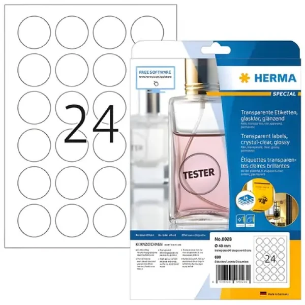 Herma Etikety okrúhle transparentné O 40 mm / Etikety / A4 / lesklé / laser / permanentné / 600 ks (8023)
