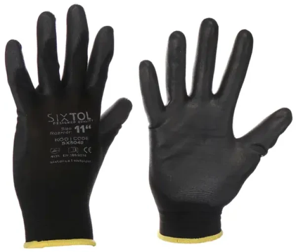 SIXTOL GLOVE PE-PU 11 čierne vel 11" / Rukavice pracovné z polyesteru polomáčané v PU / 6 párov (SX5053)