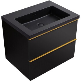 CERANO - Kúpeľňová skrinka Velora - čierna matná, úchytka zlatá + umývadlo z lit. mramoru Ovo - čierna matná - 60,5x58x46,5 CER-979965