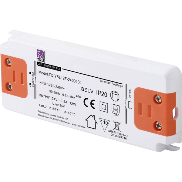 TRU COMPONENTS TC-YSL12F-2400500 napájací zdroj pre LED konštantné napätie 12 W 0.5 A 24 V/DC schválenie nábytku, prepätia, montáž na nehorľavom povrchu; TC-13492704