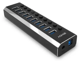 Lindy 10 Port USB 3.0 Hub čierna / Rozbočovač / vypínače portov / napájací adaptér 12V/3A (43370)