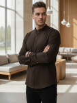 Pánska košeľa SLIM FIT so stojacím golierom hnedá FashionStreet DX2678 XL