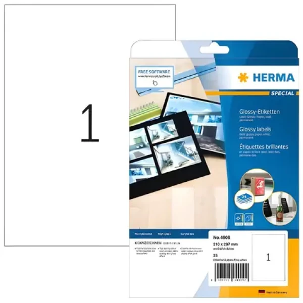 Herma etikety A4 210x297 mm biele / Etikety / Lesklý papier / Laser / 25 listov (4909)