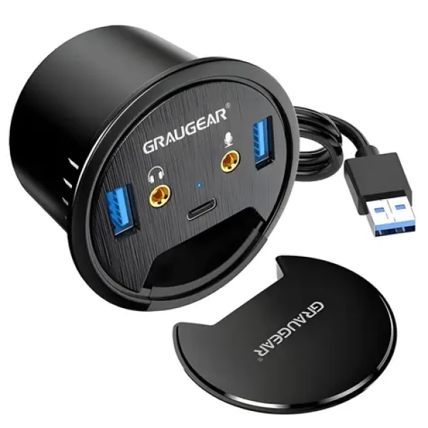 Graugear Stolný USB hub / USB hub / 2x USB-A + 1x USB-C / USB 3.0 / audio konektor / O 60 mm (G-THUB-AU-60)