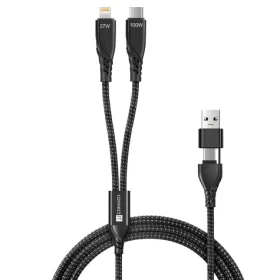 Connect IT Wirez 4in1 čierna / Nabíjací a dátový kábel / 1x USB-C / 1x Lightning / 1.25 m / 100W / QC 3.0 (CCA-2310-BK)