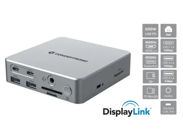 Conceptronic 15-in-1 strieborná / Dokovacia stanica / USB-C / 2x HDMI / 1x DisplayPort / 4K 60Hz / LAN / PD 100W (DONN25G)