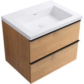 CERANO - Kúpeľňová skrinka Velora - dub medový, úchytka čierna + umývadlo z lit. mramoru Ovo - biela lesklá - 70,5x58x46,5 CER-980009