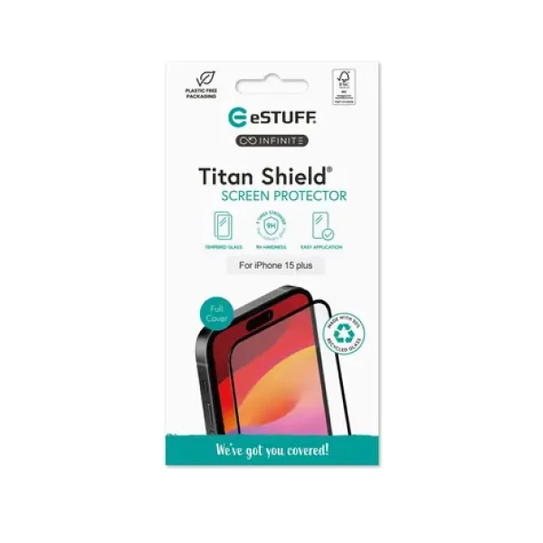 ESTUFF INFINITE Titan Shield Apple iPhone 15 PLUS / Ochranné sklo / Temperované sklo / Plne nalepovacie / 9H (ES501411)