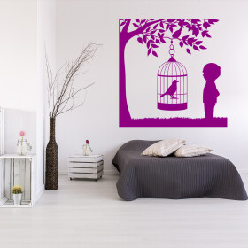 Veselá Stena Samolepka Vtáčik v klietke na strome Farba: fialová, Veľkosť: 80 x 80 cm