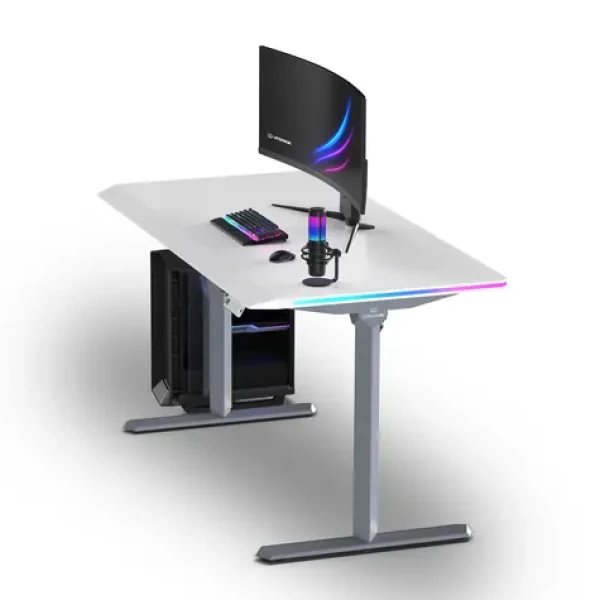 Ultradesk QUEST šedá-biela / Herný stôl / 140 × 70 cm / elektricky nastaviteľná výška 72-120 cm / LED RGB (UD-QST-FRGY/DTWT)