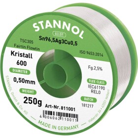 Stannol Kristall 600 Fairtin spájkovací cín bez olova bez olova Sn96,5Ag3Cu0,5 REL0 250 g 0.5 mm; 811001