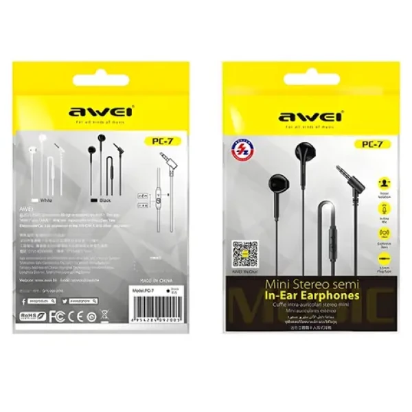 AWEI PC-7 čierna / Slúchadlá do uší / 3.5 mm jack / mikrofón / diaľkové ovládanie (PC-7)