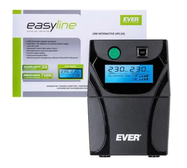 Ever EASYLINE 650 AVR USB / Záložní zdroj UPS / Line-Interactive / 0,65 kVA / 360 W / AVR / USB (T/EASYTO-000K65/00)