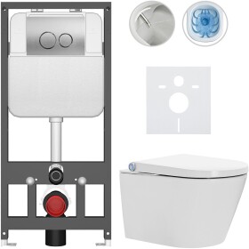 CERANO - Závesné WC s bidetom Basic/Cronus Standard - biela lesklá - WC tlačidlo Dualo/Strieborná - závesné - predstenová inštalácia - 59,3x38,4 CER-8050BD86433