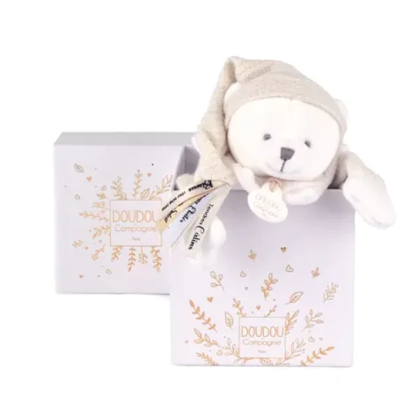 Doudou Darčeková sada Plyšový muchláčik medvedík s čiapočkou béžový 25 cm