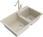 MEXEN/S MEXEN/S - Tomas granitový drez 2-bowl vrátane batérie Flora, béžová 6516-69-670401-09