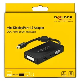 DeLock Adaptér Mini DisplayPort 1.2 - VGA/HDMI čierna / DVI / Audio (F) / 4K / pasívne (62073)