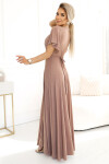 581-4 JENNIFER trblietavé dlhé šaty s rukávmi a výstrihom - MOCHA MOUSSE WITH BROKER M