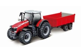 Bburago 10cm Farm Traktor na zotrvačník s vlečkou na drevo Massey Ferguson 8740S