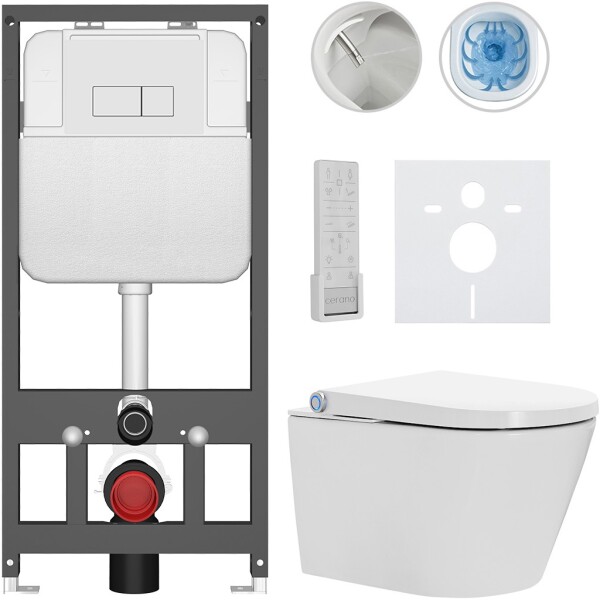 CERANO - Závesné WC s bidetom Basic/Cronus Premium - biela lesklá - WC tlačidlo Modulo/Biela - závesné - predstenová inštalácia - 59,3x38,4 CER-8050BD86498