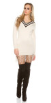 Trendy KouCla V-Cut knit derss with fringe BEIGE Einheitsgroesse