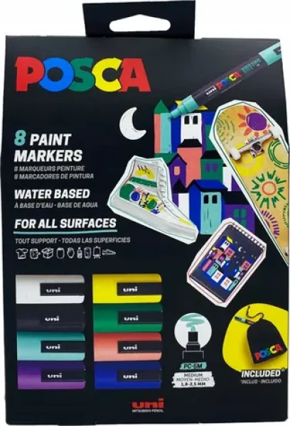 POSCA PC-5M / Sada popisovačov / 8 ks / mix farieb / kužeľový hrot 1,8-2,5 mm / plátená taška (401531)