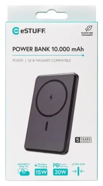 ESTUFF Magnetic Power Bank 10.000 mAh čierna / Powerbanka / magnetická / MagSafe / 20W / 15W bezdrôtovo / USB-C (ES641101)