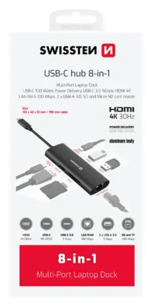 Swissten USB-C HUB 8-IN-1 / USB-C PD / USB-C 3.0 / 2x USB 3.0 / LAN / HDMI / SD / MicroSD / hliník (44040203)