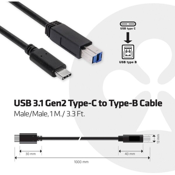 Club3D káblová redukcia USB 3.1 Gen2 Type-C na Type-B MM / 1m (CAC-1524)