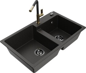 MEXEN/S MEXEN/S - Tomas granitový drez 2-bowl vrátane batérie Flora, čierna/zlatá metalik 6516-75-670401-57-B