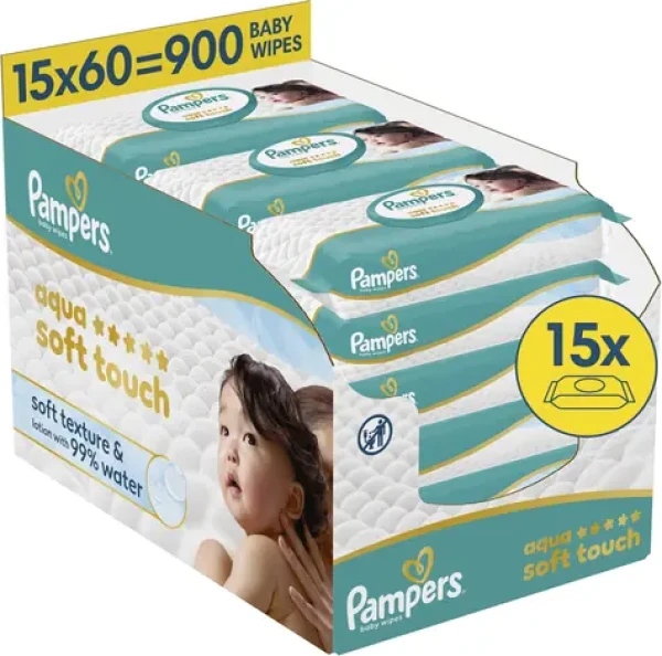 Pampers Aqua Soft Touch / Vlhčené obrúsky / 900 ks (15 × 60 ks) / Plastic Free