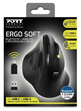 PORT CONNECT Ergo Soft COLLECTION čierna / Bezdrôtová ergonomická myš / Bluetooth + 2.4 GHz / 1600 DPI (910200)