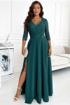 AMBER - Elegantné dlhé dámske krajkové šaty vo fľaškovo zelenej farbe s výstrihom 309-5 XXXL