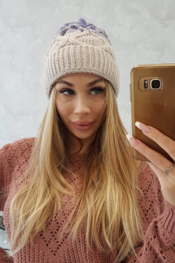 Dámska zateplená čiapka Alice K248 Beige with purple - Oliwier UNI béžovo/fialová