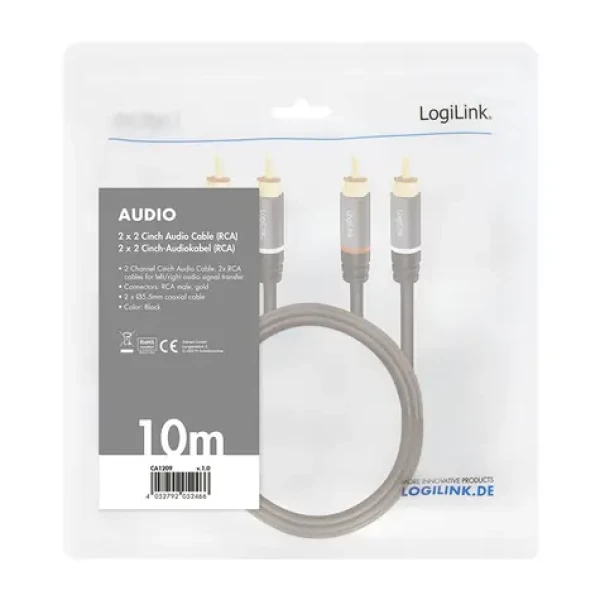 LogiLink audio kábel 2x RCA(M) - 2x RCA(M) 10 m čierna / Audio kábel / Pozlátené konektory / Tienený (CA1209)