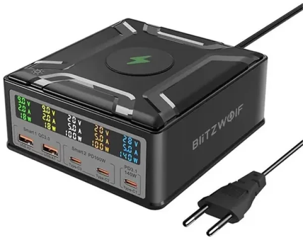 Blitzwolf BW-S28 dokovacia stanica 260W čierna / 2xUSB-A / 3xUSB-C / bezdrôtové nabíjanie (BW-S28)