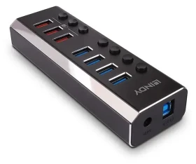 Lindy USB 3.0 húb 4 porty čierna / USB hub / 3x rýchlonabíjací Port / Quick Charge 3.0 / s napájacím adaptérom (43371)