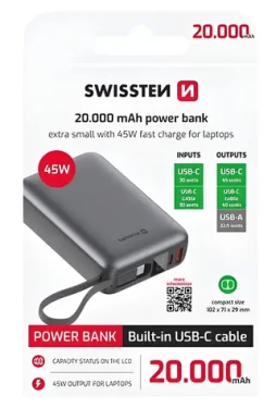 Swissten Space 20000 mAh strieborná / Power Bank / 45W / integrovaný USB-C kábel