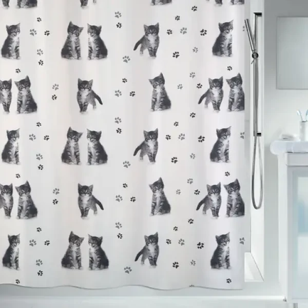 Spirella KITTY Paw biely / Sprchový záves / motív mačky / 180 x 200 cm / polyester