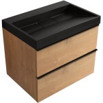 CERANO - Kúpeľňová skrinka Velora - dub medový, úchytka čierna + umývadlo z lit. mramoru Vita - čierna matná - 70x63x46,5 CER-8050BD84038