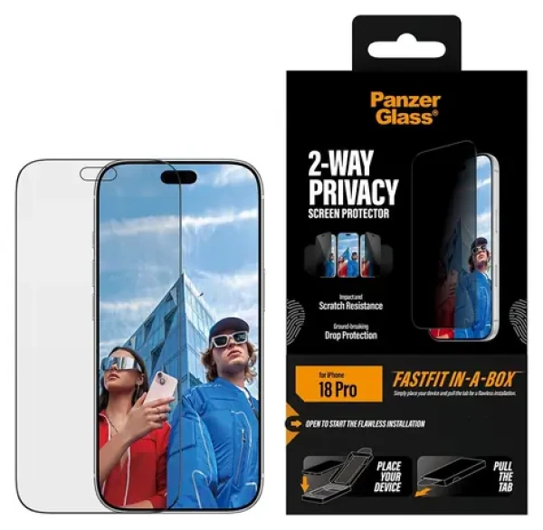 PanzerGlass 2-way Privacy iPhone 17/18 Pro / Ochranné sklo / Ultra-Wide Fit / FastFit s aplikačným boxom (PG28448)
